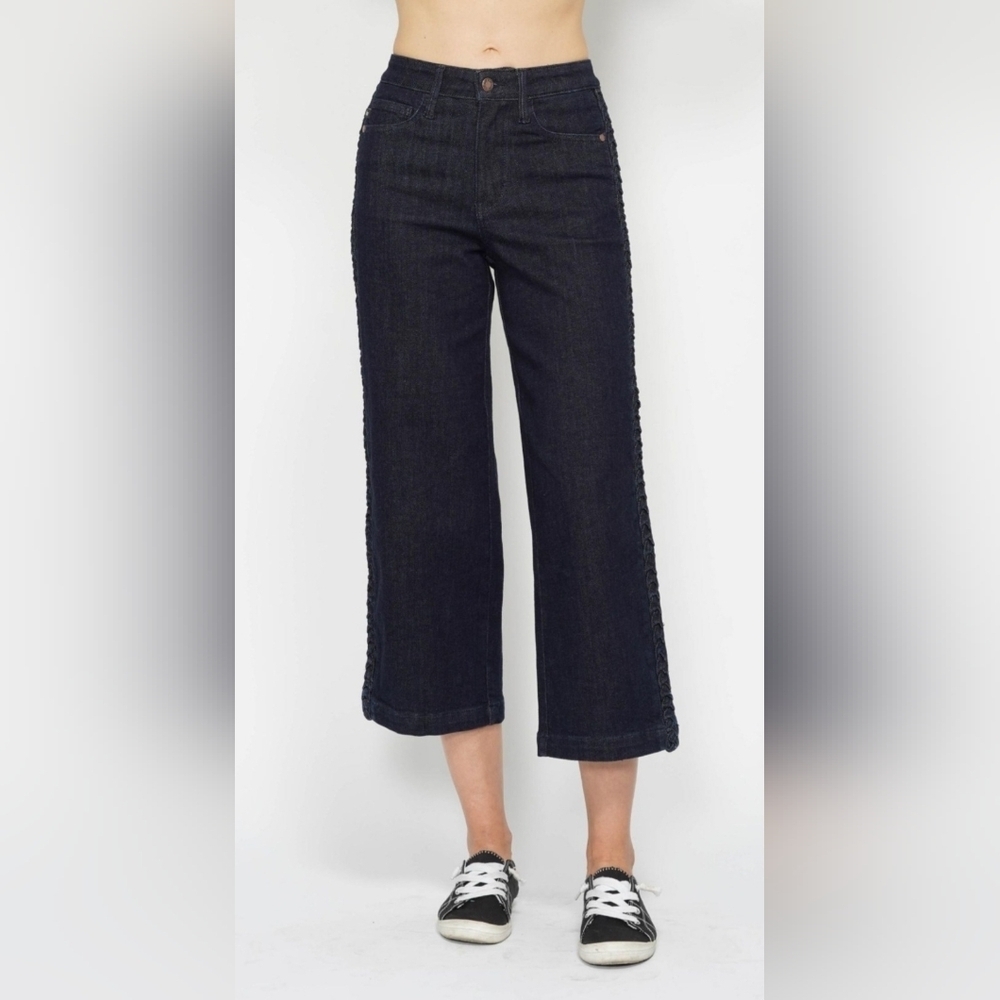 Judy Blue HR Dark Wash Wide Leg Cropped Jeans Braided Side Seams Various NEW - Picture 2 of 16